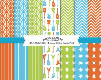 ROCK GUITAR Paper Pack in Orange, Lime Green, and Turquoise Aqua Blue- Instant Printable Download