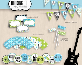 ROCK GUITAR Birthday Party Printable Package in Turquoise Aqua Blue and Lime Green- Instant Download