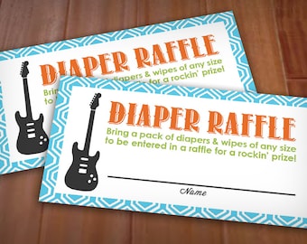 GUITAR Diaper Raffle Printable Ticket in Turquoise Aqua Blue, Lime Green, and Orange- Instant Download