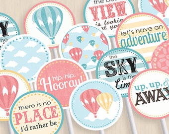 HOT AIR BALLOON Girl Birthday Party Circles & Cupcake Toppers in Coral and Teal- Instant Printable Download