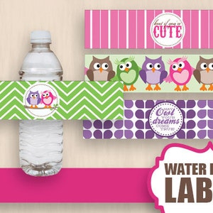 OWL Water Bottle Label Wrappers & Decorative Bands in Pink and Lavender Purple- Instant Printable PDF Download