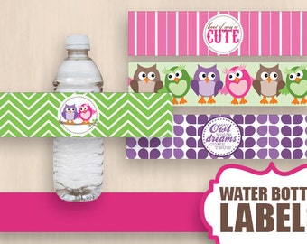 OWL Water Bottle Label Wrappers & Decorative Bands in Pink and Lavender Purple- Instant Printable PDF Download