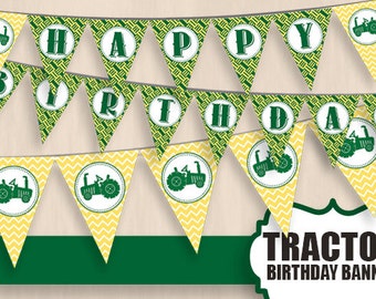 TRACTOR HAPPY BIRTHDAY Banner in Green and Yellow- Instant Printable Download