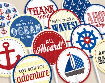 SHIP'S AHOY Nautical Party Circles & Cupcake Toppers in Red and Navy Blue- Instant Download