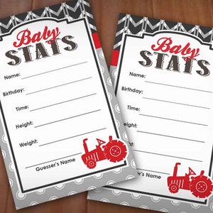 BABY STATS Tarjeta de juego de adivinanzas con tractor en rojo y gris carbón- Descarga imprimible instantánea