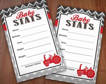 BABY STATS Guessing Game Card with Tractor in Red and Charcoal Gray- Instant Printable Download