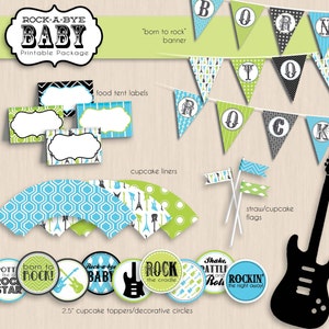 ROCK-A-BYE Baby Shower Printable Package in Turquoise Blue and Lime Green- Instant Download