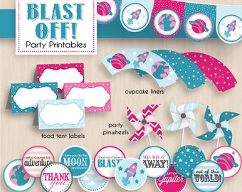 BLAST OFF Birthday Party Printable Package in Pink and Teal- Instant Download