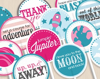 SPACE ROCKET Cupcake Toppers in Pink and Teal- Instant Printable Download