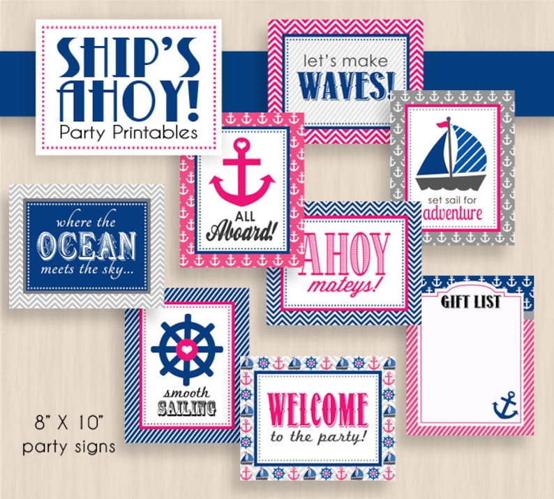 Instant Download SHIP/'S AHOY Nautical Baby Shower Printable Package in Pink and Navy Blue