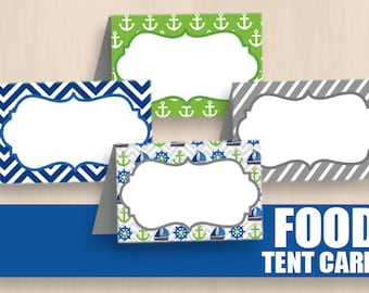 NAUTICAL FOOD TENT Labels in Lime Green, Navy Blue, and Gray- Instant Editable Printable Download