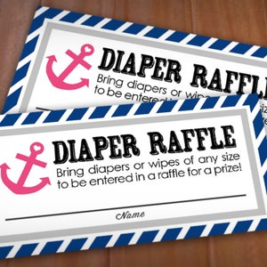 NAUTICAL Diaper Raffle Printable Ticket in Pink and Navy Blue Instant Download image 1