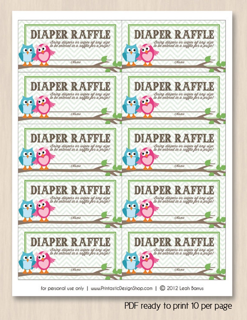 OWL Diaper Raffle Ticket in Pink and Teal Instant Printable Download image 2