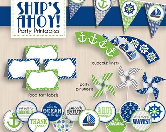 SHIP'S AHOY Nautical Baby Shower Printable Package in Lime Green and Navy Blue- Instant Download