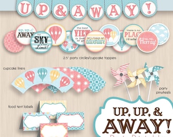 HOT AIR BALLOON Birthday Party Printable Package in Coral- Editable Instant Download