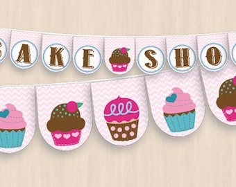 CUPCAKE Printable Party Banner in Pink and Teal- Instant Download