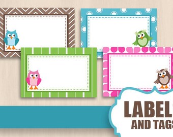 OWL Blank Labels and Tags in Pink and Teal- Instant Printable Download