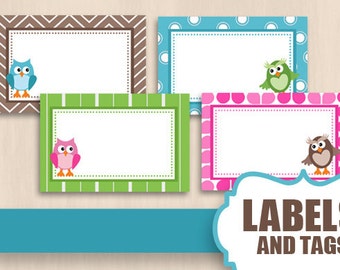 OWL Blank Labels and Tags in Pink and Teal- Instant Printable Download