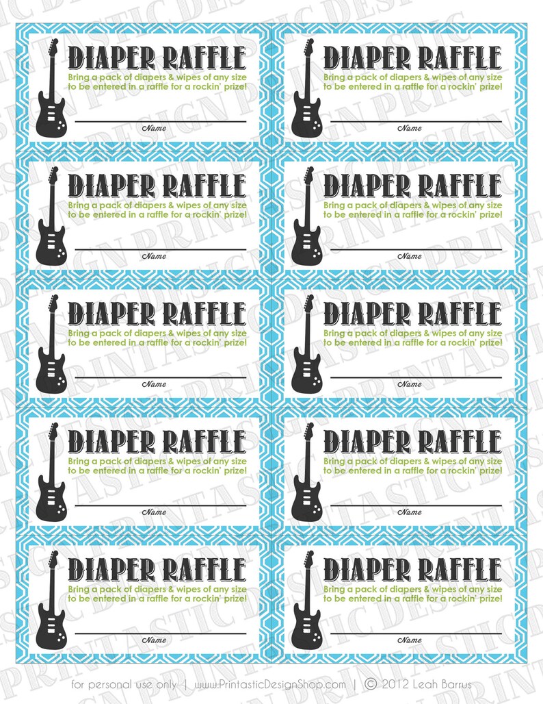 Turquoise Raffle Ticket GUITAR Diaper Raffle Ticket in Lime Green and Turquoise Aqua Blue ...