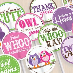 OWL Cupcake Toppers & Party Circles in Pink and Purple- Instant Printable Download
