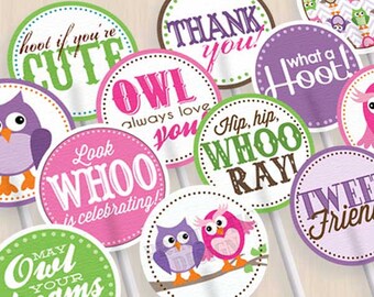 OWL Cupcake Toppers & Party Circles in Pink and Purple- Instant Printable Download