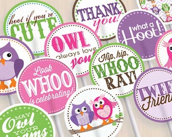 OWL Cupcake Toppers & Party Circles in Pink and Purple- Instant Printable Download