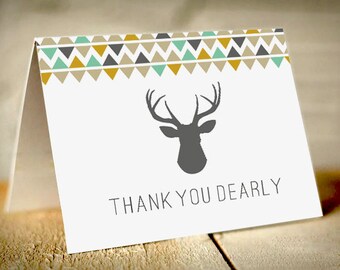 DEER Thank You Card in Turquiose Blue, Mustard Gold Yellow, and Gray - Instant Printable Download