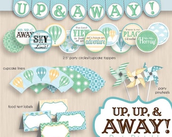HOT AIR BALLOON Birthday Party Printable Package in Seafoam Green- Instant Download