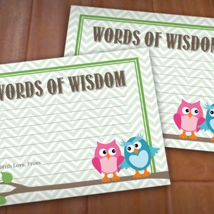 WORDS of WISDOM Owl Advice Cards for Baby Shower in Pink & Teal Instant Printable Download image 1