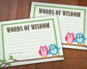 WORDS of WISDOM Schede di consigli con gufo per baby shower in rosa e verde acqua - Download stampabile istantaneo