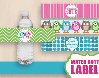 OWL Water Bottle Label Wrappers & Decorative Bands in Pink and Aqua Turquoise Teal Blue- Instant Printable Download