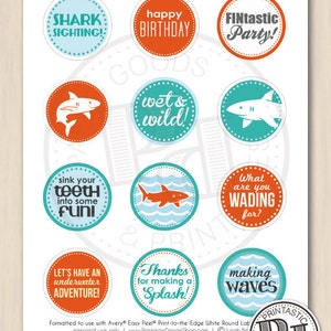 SHARK 2 Cupcake Toppers or Party Circles for Boy Birthday in Aqua Turquoise Blue and Tangerine Orange Instant Printable Download image 2