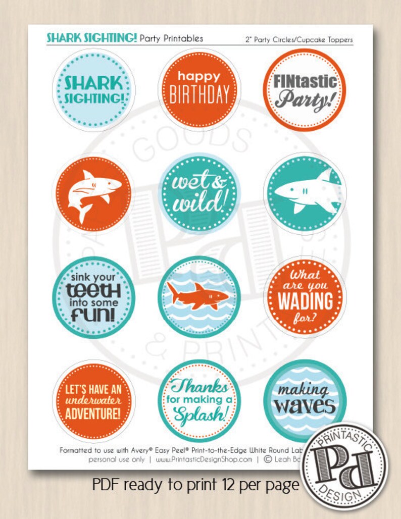 SHARK 2 Cupcake Toppers or Party Circles for Boy Birthday in Aqua Turquoise Blue and Tangerine Orange Instant Printable Download image 2
