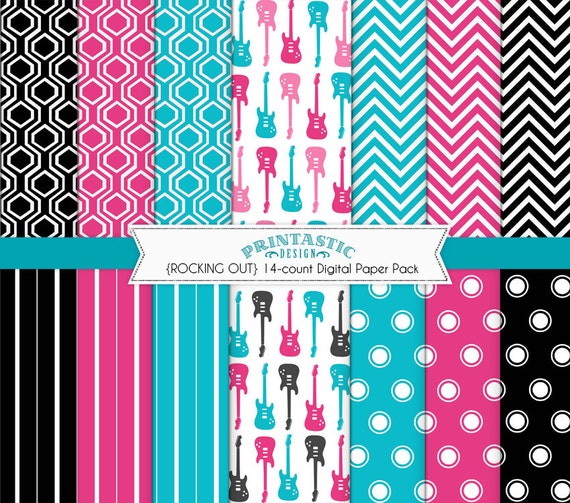 ROCK GUITAR Digital Scrapbooking Paper Pack in Pink and Etsy