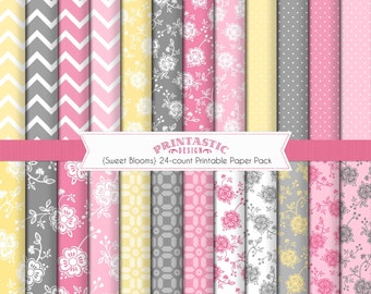 SWEET BLOOMS Scrapbooking Paper Pack in rosa, giallo crema e grigio- Download stampabile istantaneo