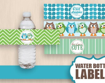 OWL Water Bottle Label Wrappers & Decorative Bands in Seafoam Green and Teal Blue- Instant Printable Download