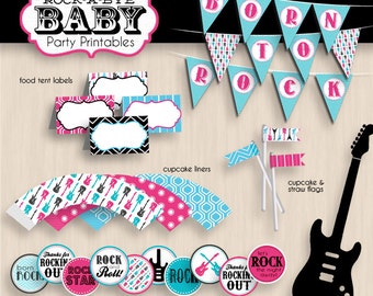 ROCK-A-BYE BABY Girl Shower Printable Package in Pink, Turquoise Blue, and Black- Instant Download