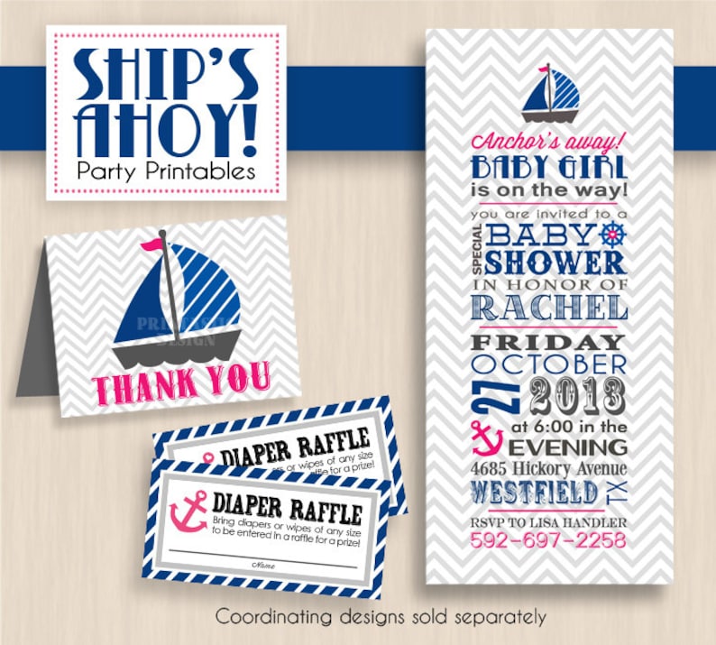 Instant Download SHIP/'S AHOY Nautical Baby Shower Printable Package in Pink and Navy Blue