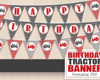 TRACTOR HAPPY BIRTHDAY Banner in Red and Charcoal Gray- Instant Printable Download