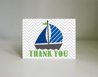 SAIL BOAT Nautical Thank You Card in Lime Green and Navy Blue- Instant Printable Download