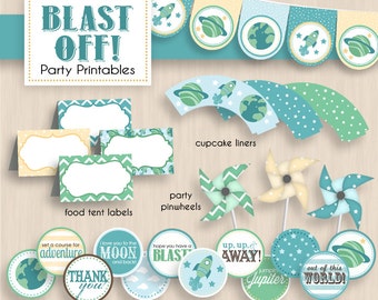BLAST OFF Birthday Party Printable Package in Seafoam & Teal - Instant Download
