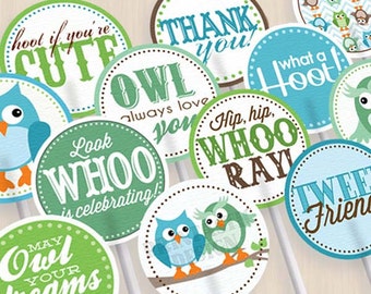 BABY OWL Cupcake Toppers & Party Circles in Seafoam Green and Teal- Instant Printable Download