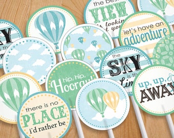 HOT AIR BALLOON Cupcake Toppers & Party Circles in Seafoam Green and Teal- Instant Printable Download