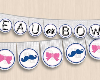 BEAU or BOW BANNER for Baby Showers in Pink and Navy Blue- Instant Printable Download