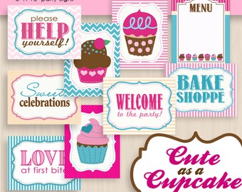 CUPCAKE 8X10 Party Signs in Pink and Teal- Instant Printable Download