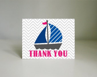 SAIL BOAT Nautical Thank You Card in Pink and Navy Blue- Instant Printable Download