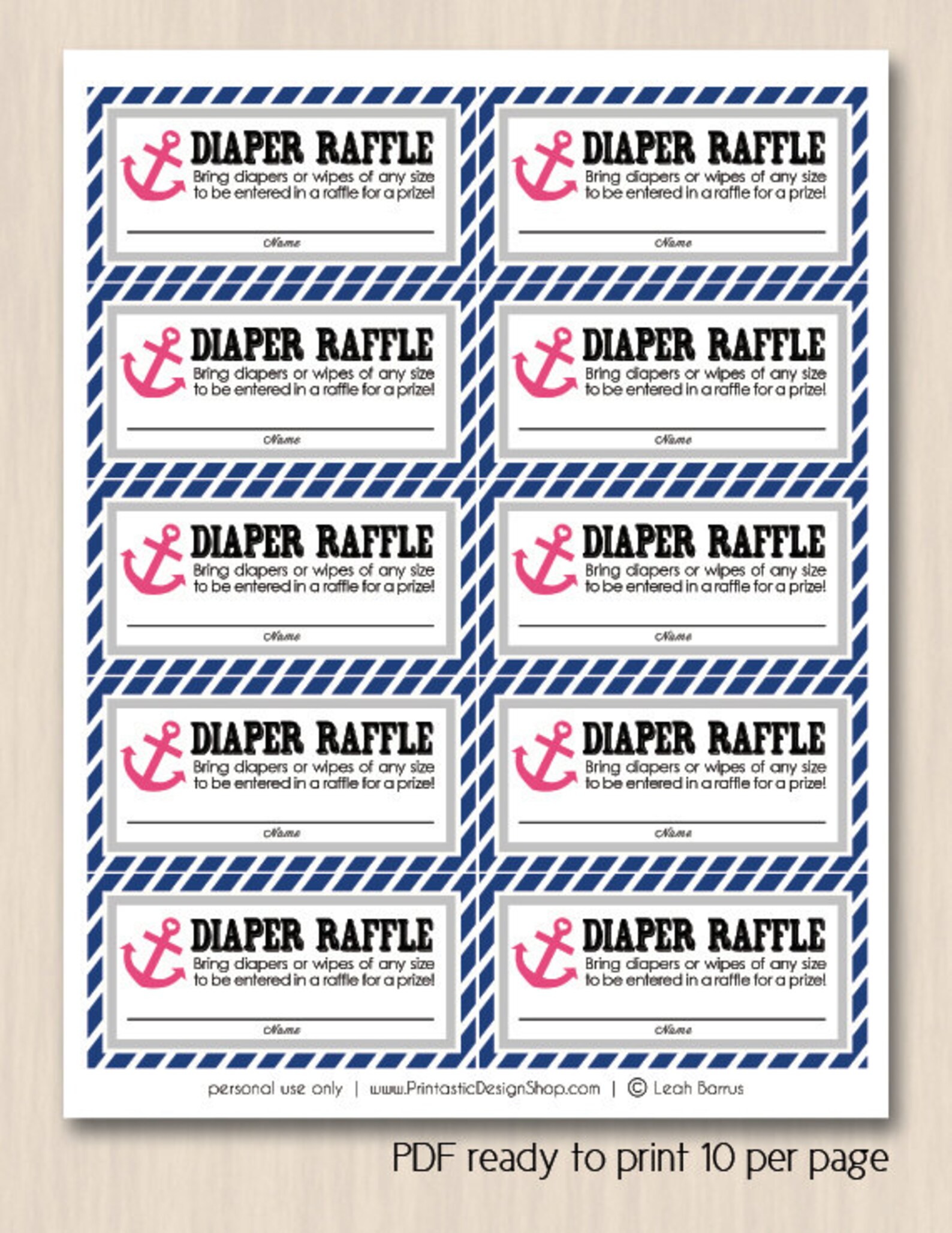 NAUTICAL Diaper Raffle Printable Ticket in Pink and Navy Blue - Etsy