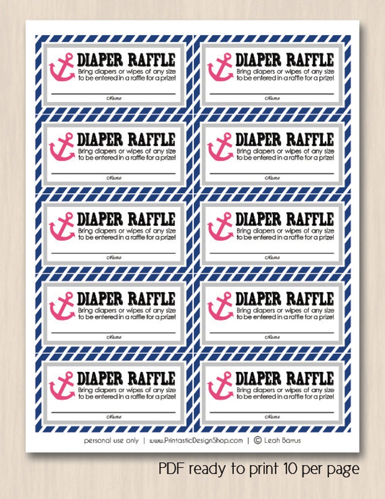 NAUTICAL Diaper Raffle Printable Ticket in Pink and Navy Blue Instant Download image 2
