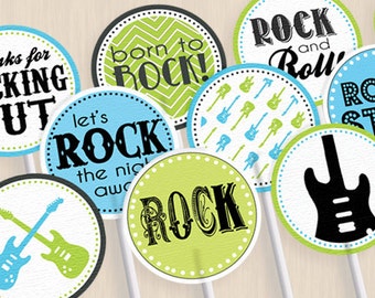 ROCK GUITAR Birthday Party Circles & Cupcake Toppers in Turquoise Aqua Blue and Lime Green- Instant Printable Download