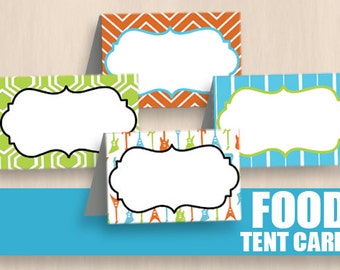 GUITAR FOOD TENT Labels in Orange, Lime Green, and Turquoise Aqua Blue- InstantEditable Printable Download